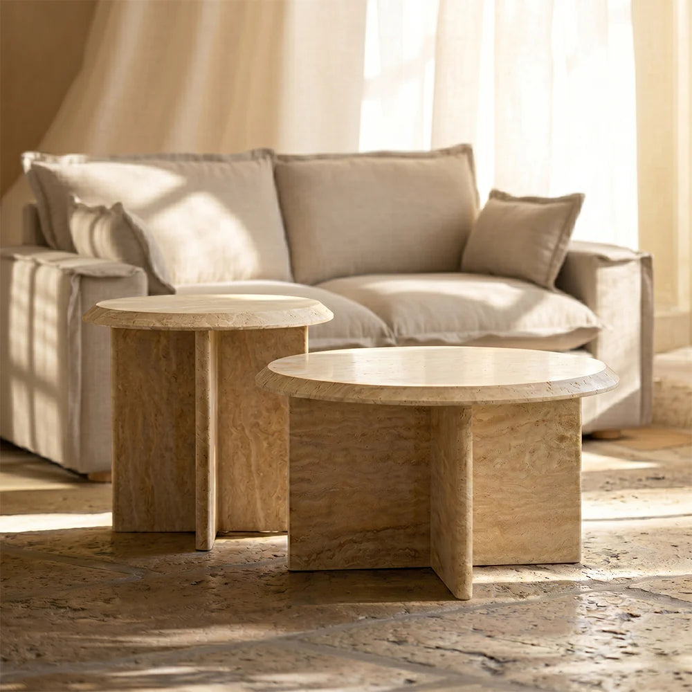 Elara Travertine Marble Coffee Table Set of 2